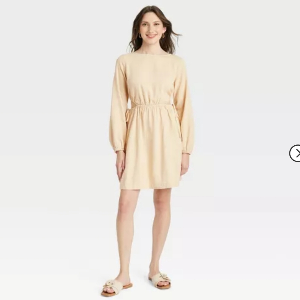 Universal Thread Balloon Long Sleeve Mini A Line Dress XS Tan Side Cut Out Linen - Picture 1 of 7